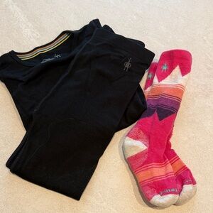 Smartwool Black bottom and top set and Pink Patterned Socks